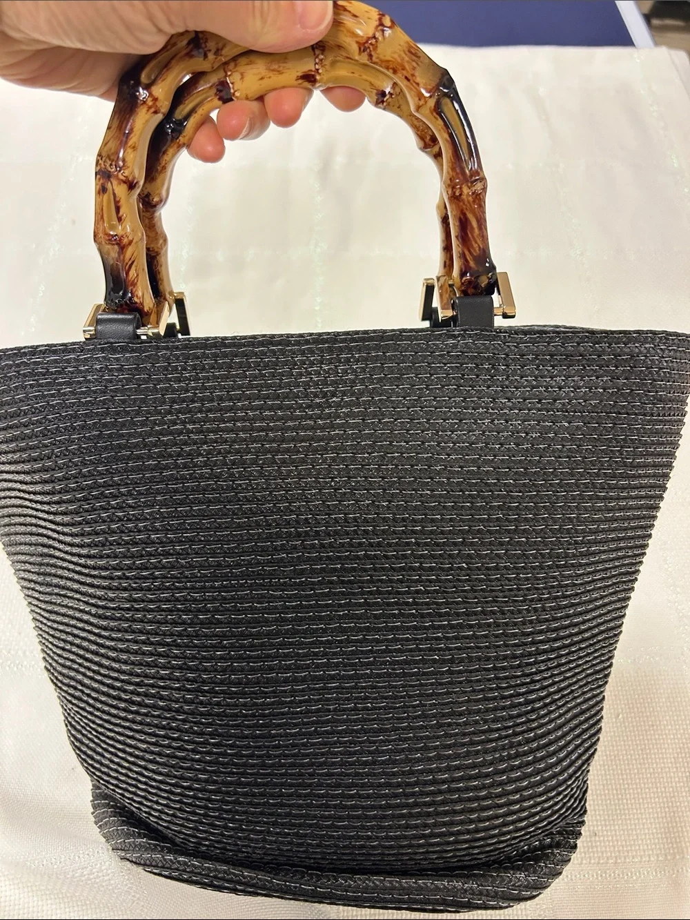Black Straw Tote with Tortoise-Style Bamboo Handle